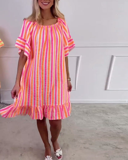 Round Neck Striped Pleated Shift Dress