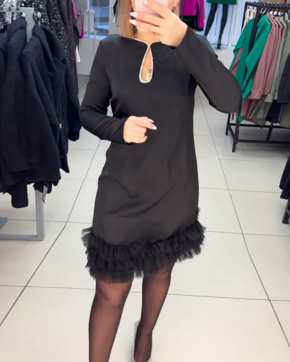 Pearl Neck Dress with Fur Hemline