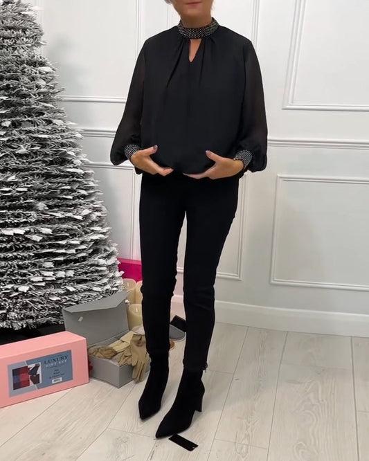 Fashion solid color stand collar patchwork hollow blouse