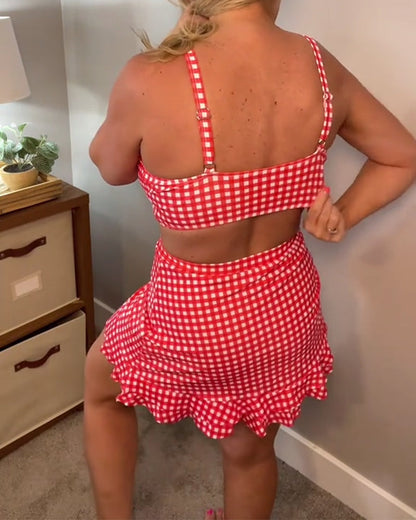 Casual Strap Plaid Print Two-Piece Swimsuit
