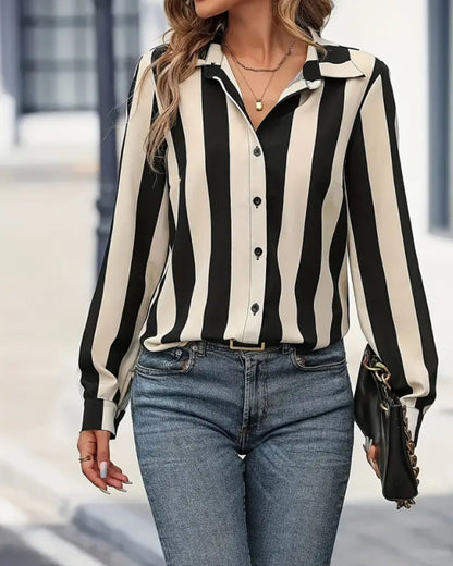 Vertical Striped Lapel Button-Down Shirt