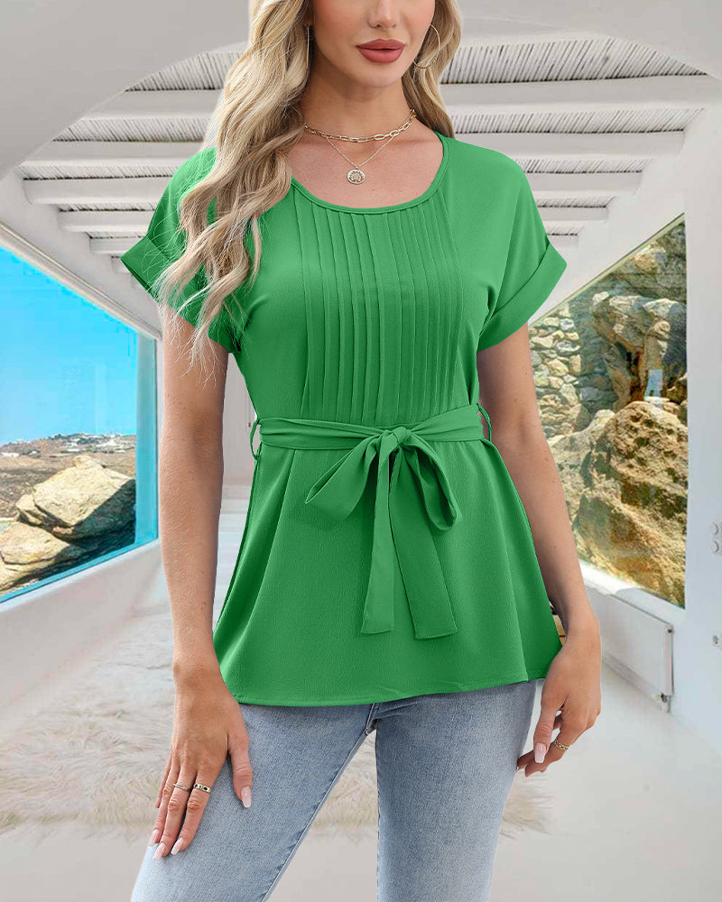 Pleated Crew Neck Solid Color Tie Blouse