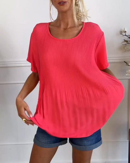 Solid color round neck pleated blouse