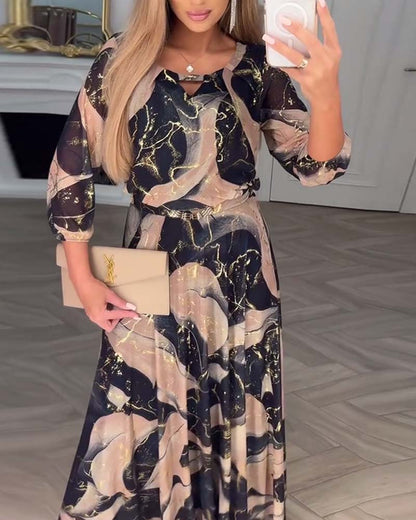 Elegant Three-Quarter Sleeve Printed Waist Dress