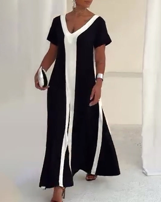 Temperament V-Neck Contrast Color Dress