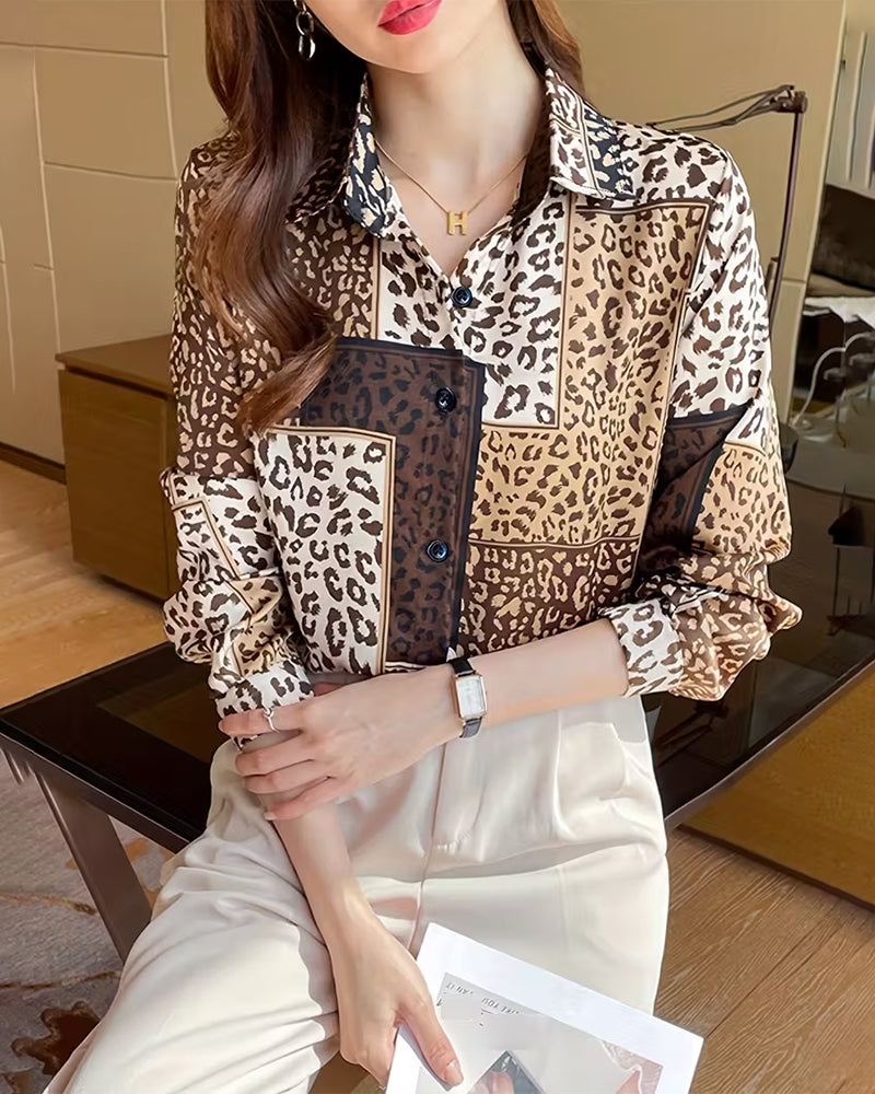 Collared Color-Blocked Leopard Print Shirt