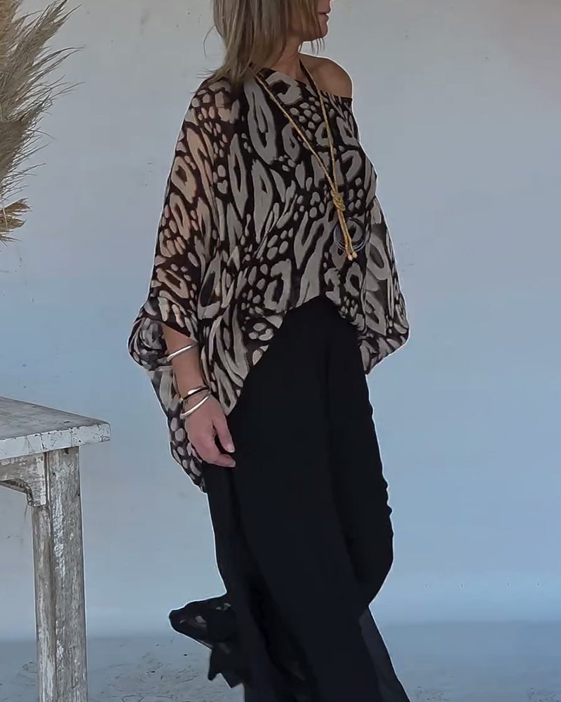 Irregular Bat Print Long-Sleeved Blouse