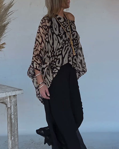 Irregular Bat Print Long-Sleeved Blouse