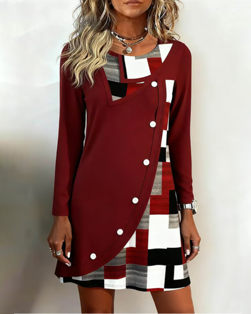 Long-Sleeved Color-Blocked Printed Dress