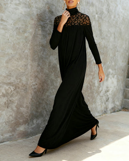 High-Neck Mesh Patchwork Elegant Dress