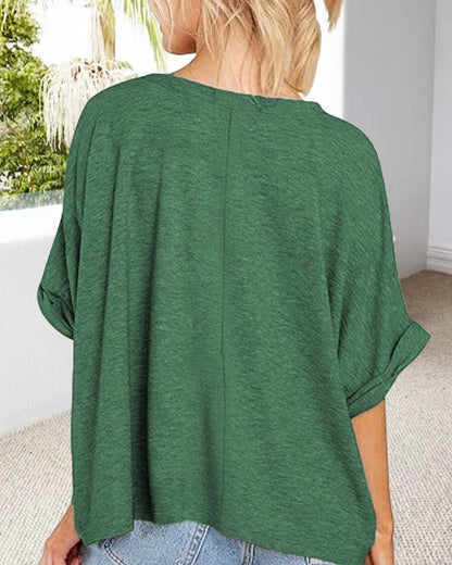 V-Neck Rolled-Hem Short-Sleeved Loose T-Shirt