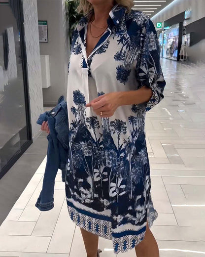 Casual botanical print lapel three-quarter sleeve dress