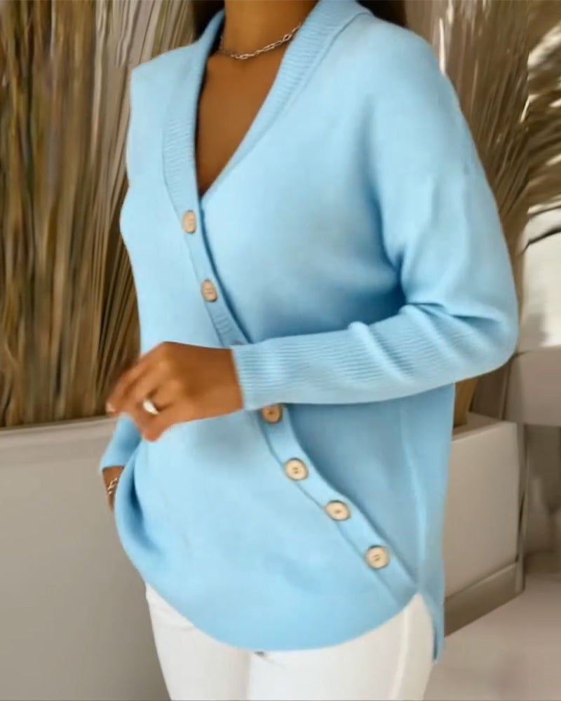 V-neck button-down sweater