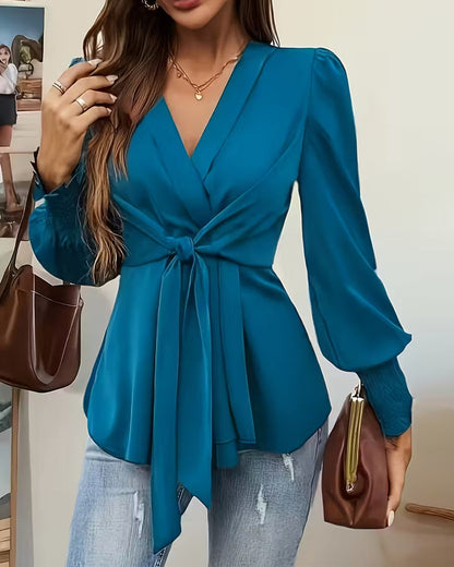 Elegant Cross-Tie Lantern Sleeve Top
