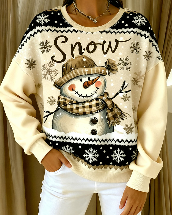 Long-Sleeved Snowman Print Casual Sweatshirt