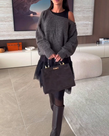 Off-Shoulder Loose Jumper & Lace Hem Dress
