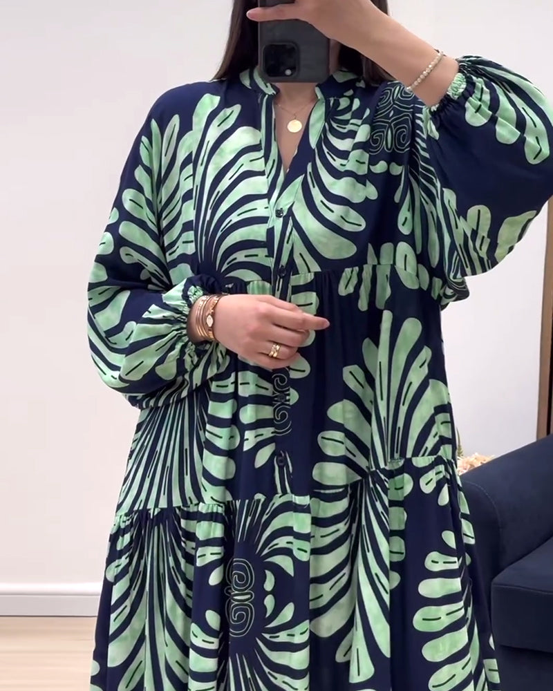 Stand collar long sleeve patchwork printed long dress