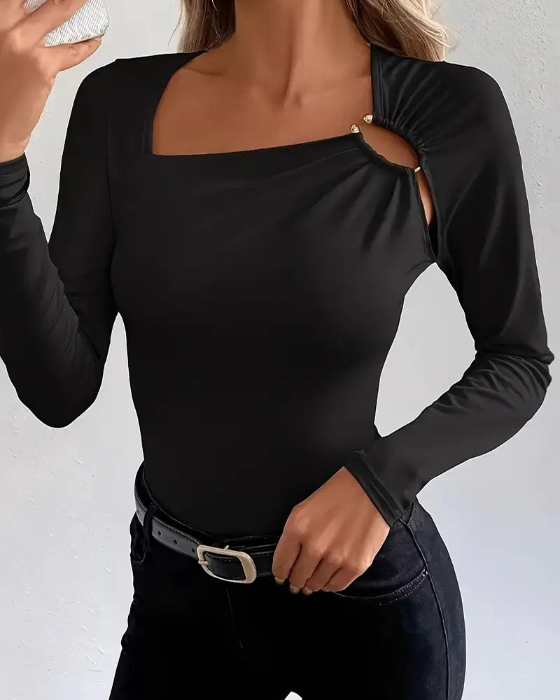 Fashion Slant Neck Long Sleeve Top