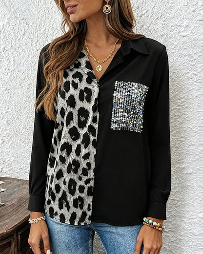 Leopard Print Contrast Rhinestone Shirt