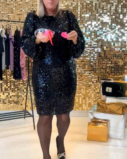 Sequin Long-Sleeve Crew-Neck Dress