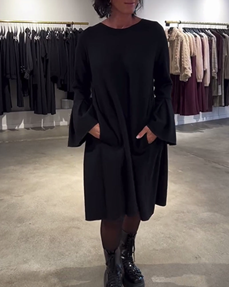 Solid Flare Sleeve Shirred Dress