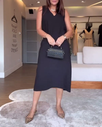 Casual V-neck Sleeveless Solid Color Split Dress