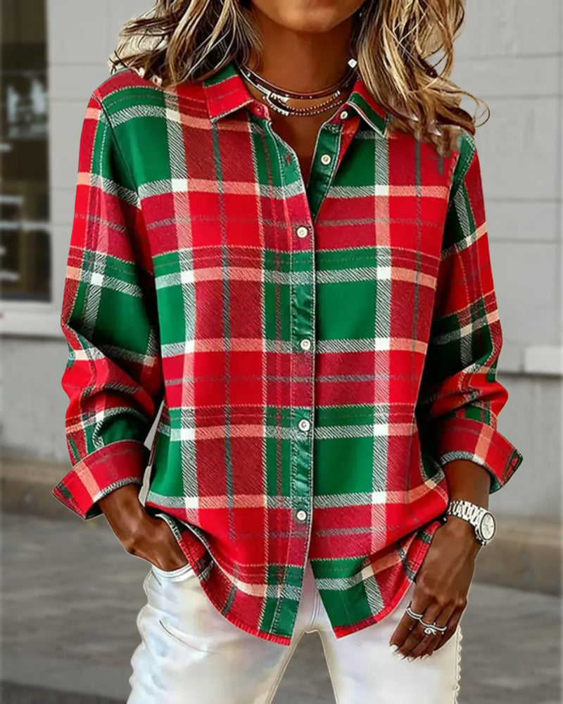 Long-Sleeved Lapel Plaid Shirt