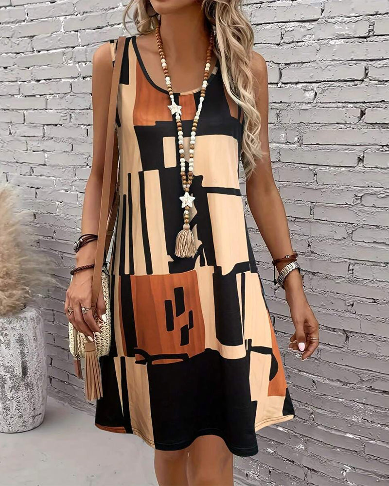 Sleeveless Crew Neck Retro Print Dress