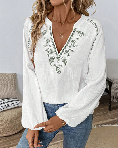 V-Neck Long-Sleeved Printed Casual Blouse