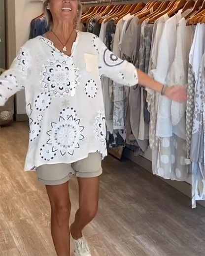 Versatile V-Neck Printed Half Sleeves Blouse