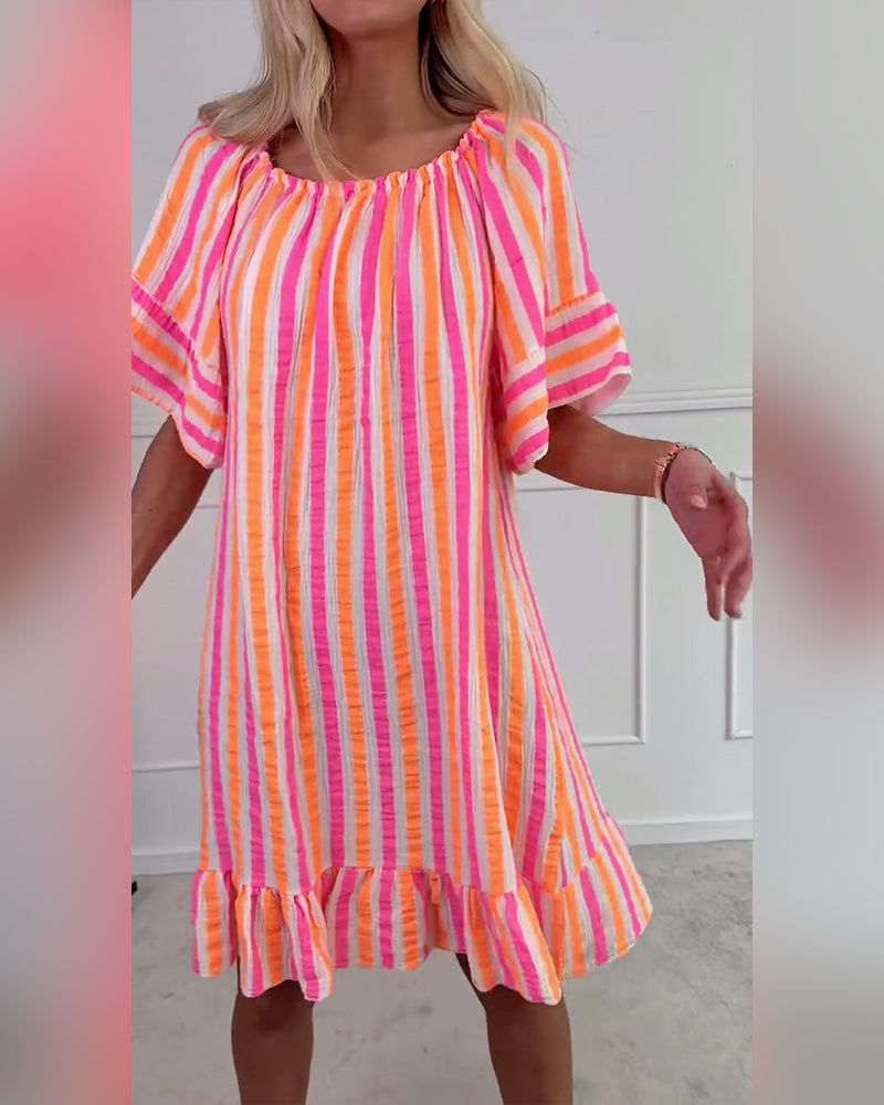 Round Neck Striped Pleated Shift Dress