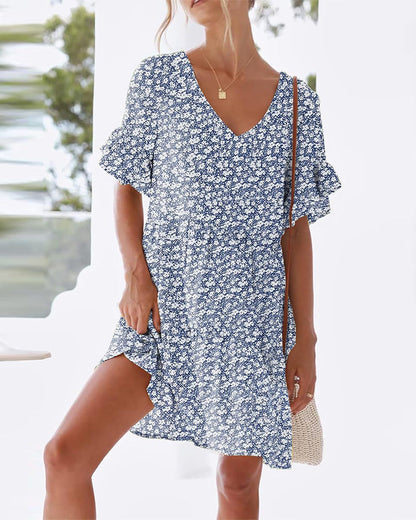 Ruffled sleeves V-neck floral print dress