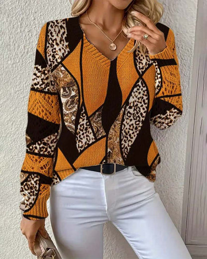 V-Neck Hollow Leopard Print Jumper