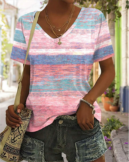 V-Neck Colorful Striped Versatile T-Shirt