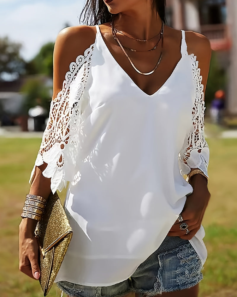 Off-Shoulder Hollow Solid Color Blouse