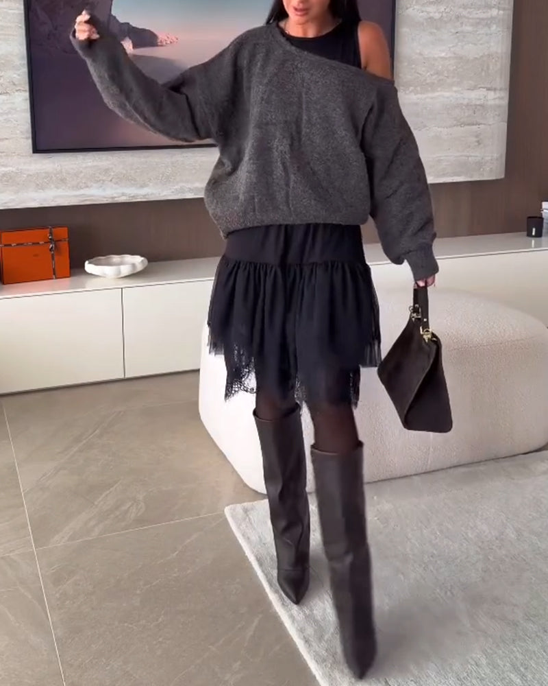 Off-Shoulder Loose Jumper & Lace Hem Dress