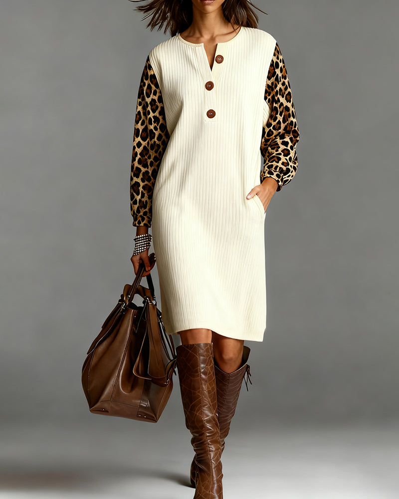 Leopard Print Patchwork Long-Sleeved Dress