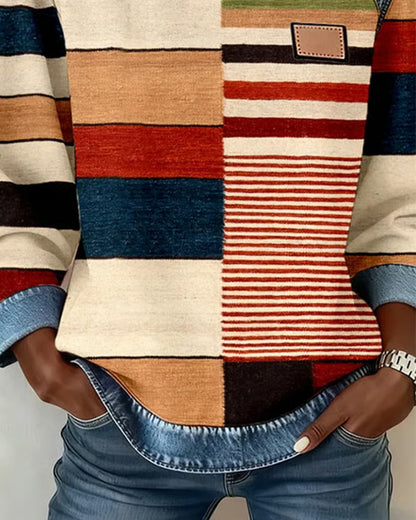 Color Striped Contrasting Round Neck Sweatshirt