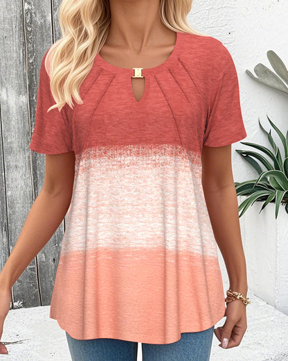 Round Neck Contrast Short Sleeve Blouse