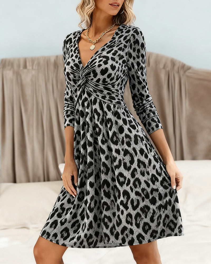 Knotted V-Neck Leopard Print Fashion Dress
