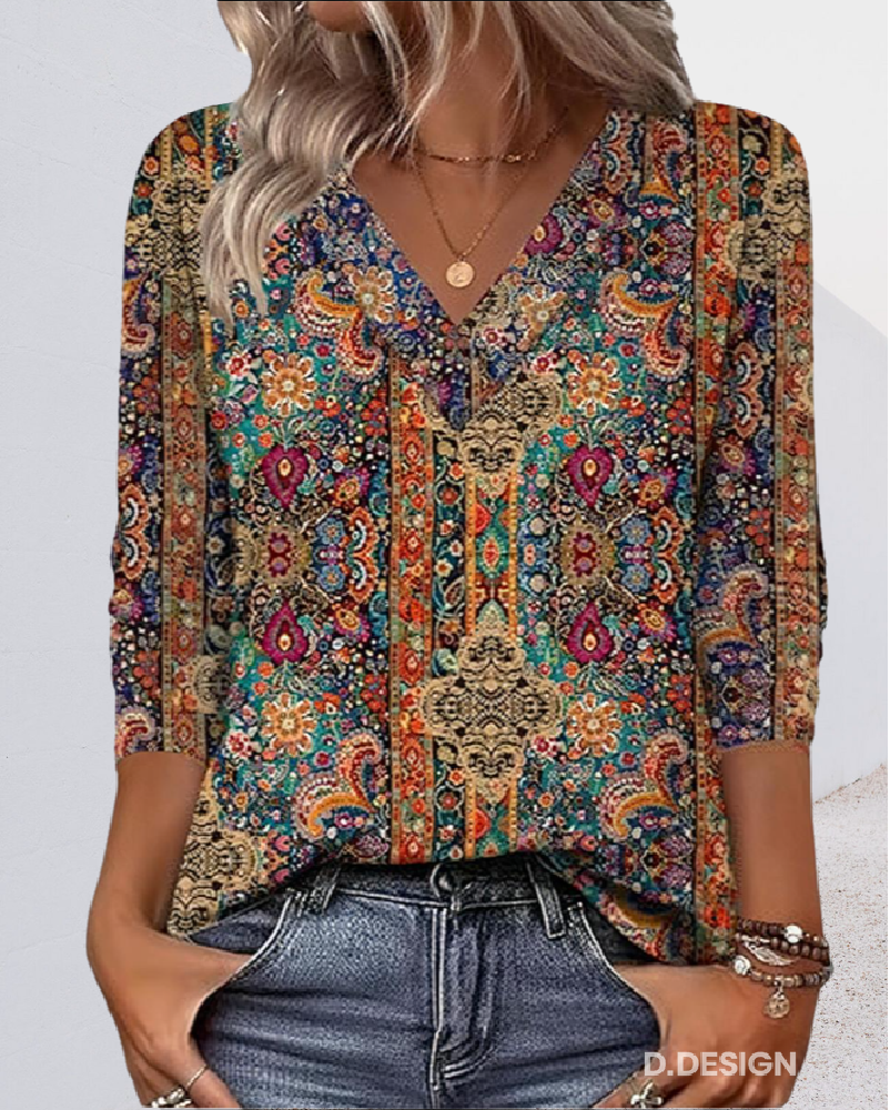 Retro Printed V Neck Blouse