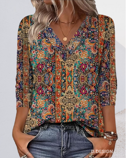 Retro Printed V Neck Blouse