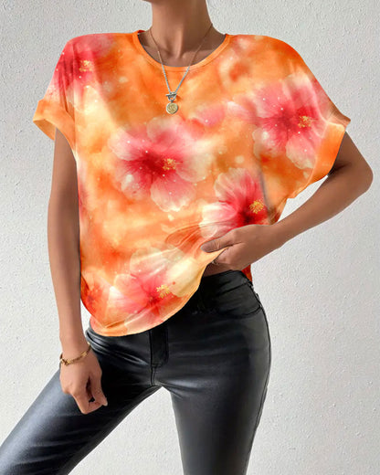 Round Neck Tie-Dye Big Flower T-Shirt