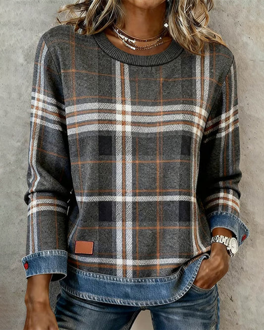 Plaid Denim Patchwork Sweatshirt