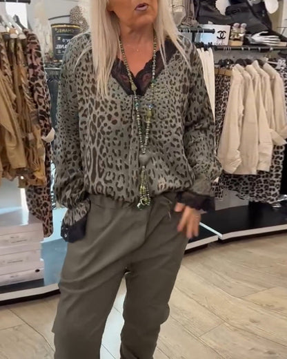 Fashion leopard print V-neck lace patchwork blouse