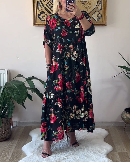 Loose Oversized Round Neck Printed Dress