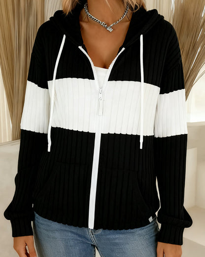 Color-Blocked Zippered Hooded Coat