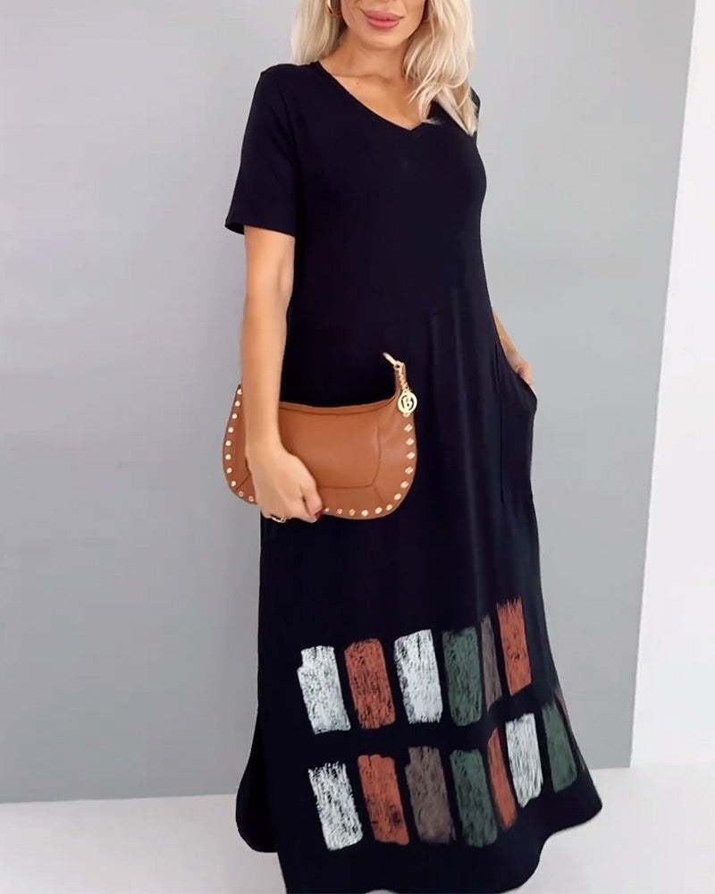 V-Neck Printed Slit Casual Short-Sleeved Dress