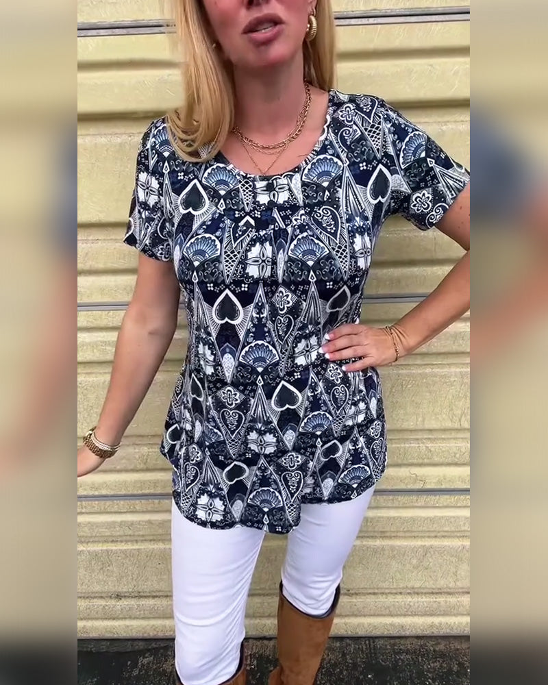 Casual Retro Crew Neck Printed T-Shirt