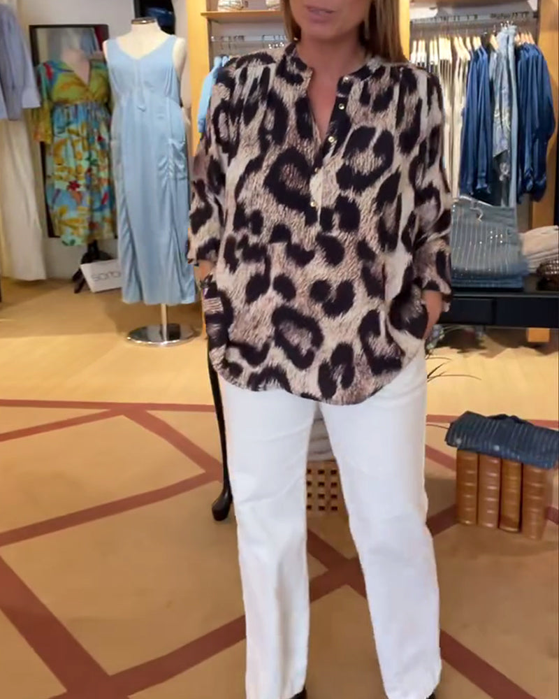 Loose Leopard Print Half Button Blouse